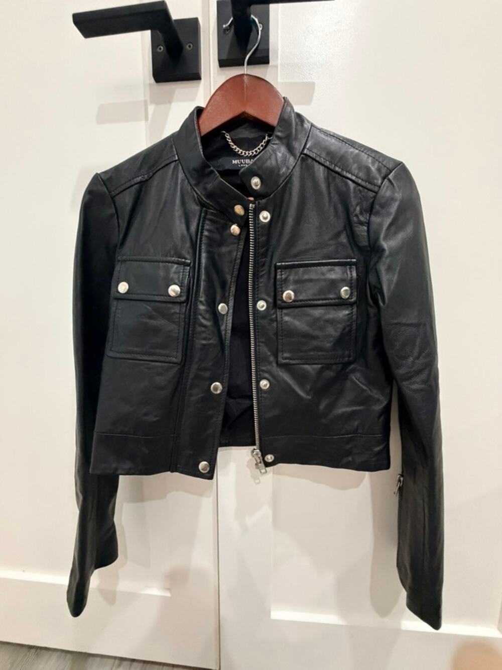 Muubaa Leather Cropped Jacket with Silver Hardware - Size US 4